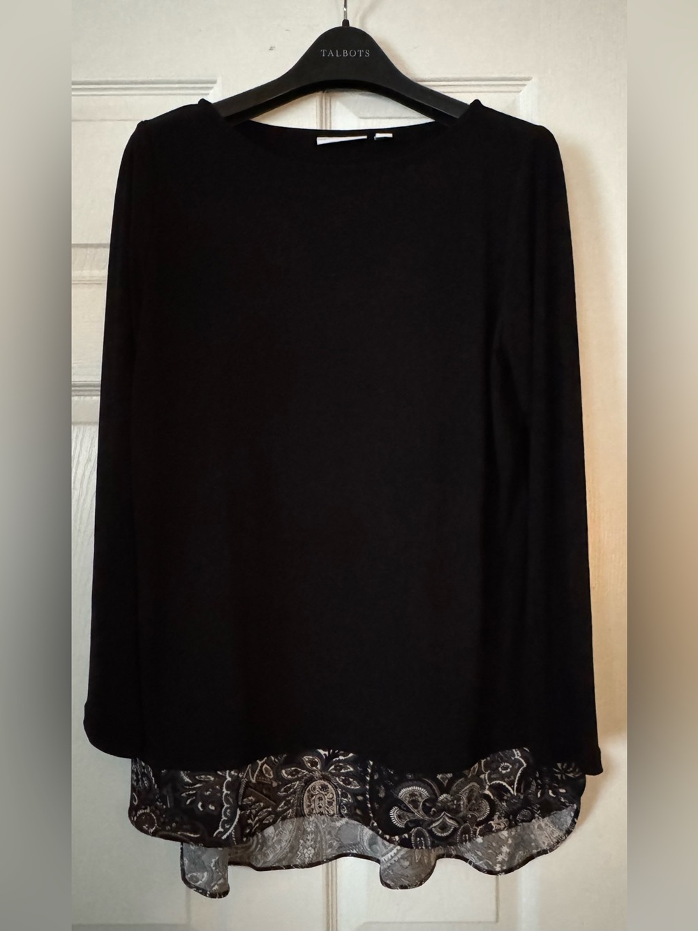NWOT Susan Graver Black Long-Sleeve Top with Paisley High Low Hem